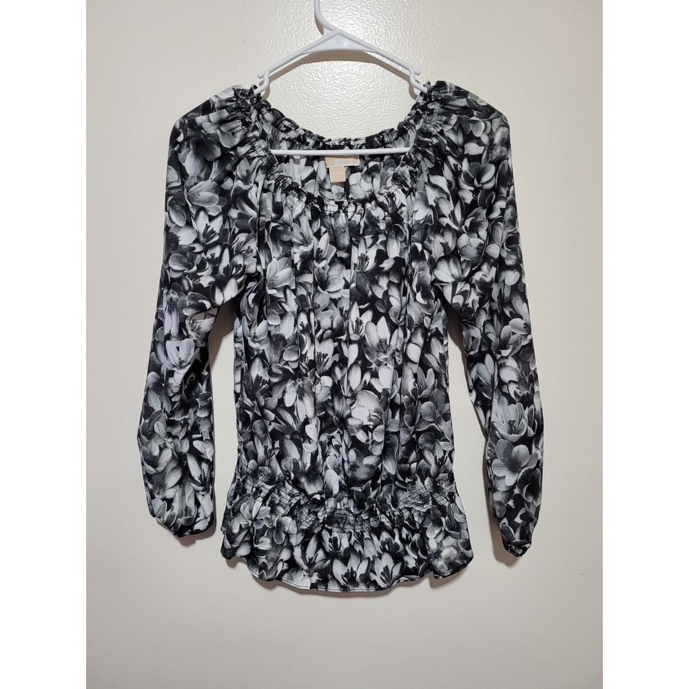 Michael Michael Kors Blouse Womens XS Black‎ White Floral Smocked Peplum